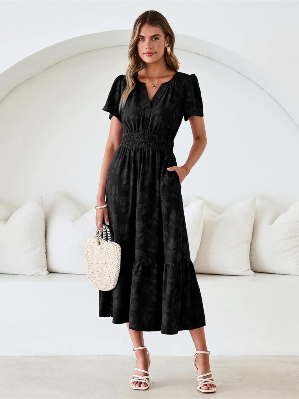 Women's Black Short Sleeve V Neck Empire Waist Floral Imported Maxi Dress - Picture 3 of 7